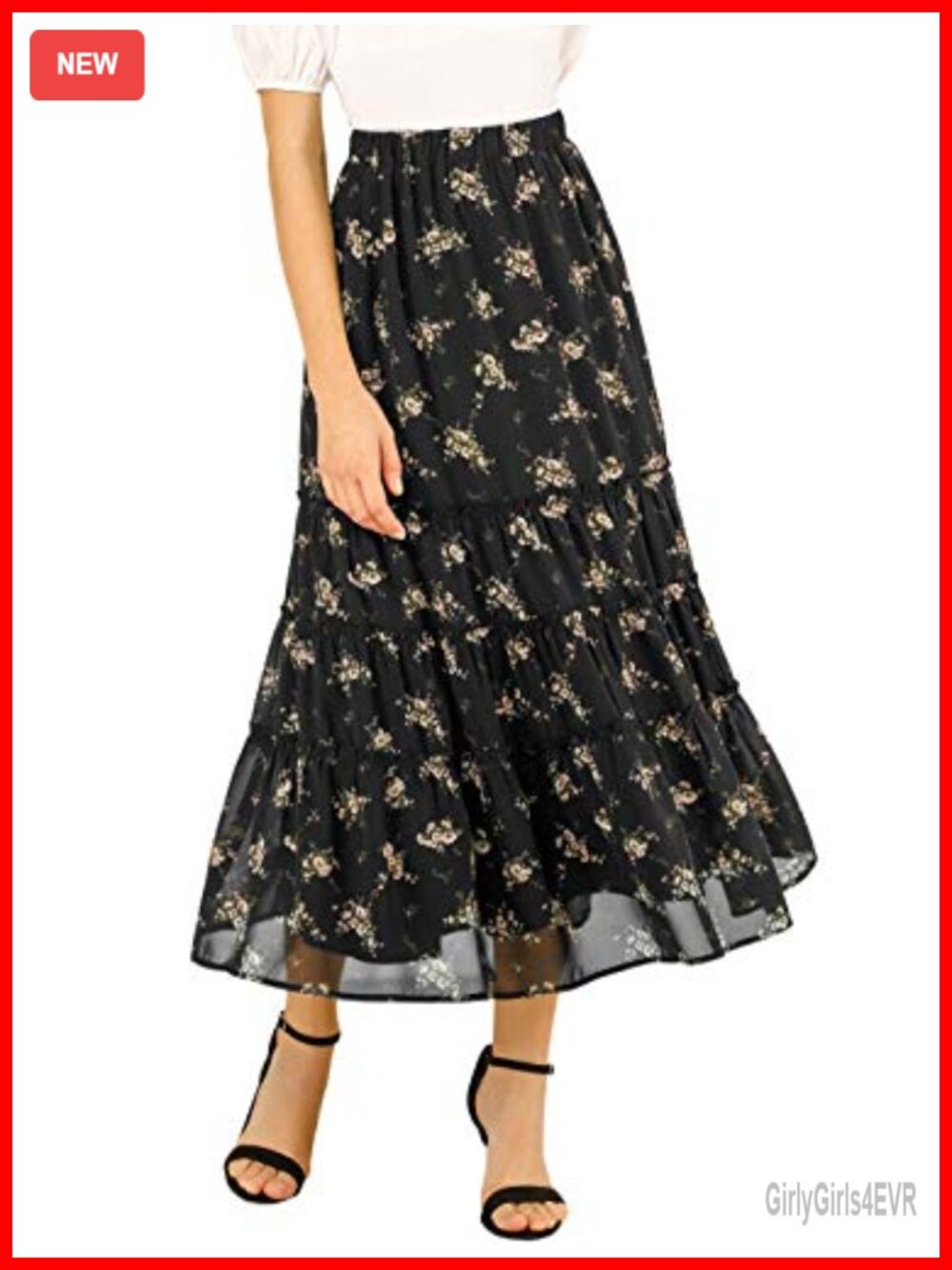 Floral Chiffon A-Line Tiered Ruffle Maxi Skirt High Waist Flowy